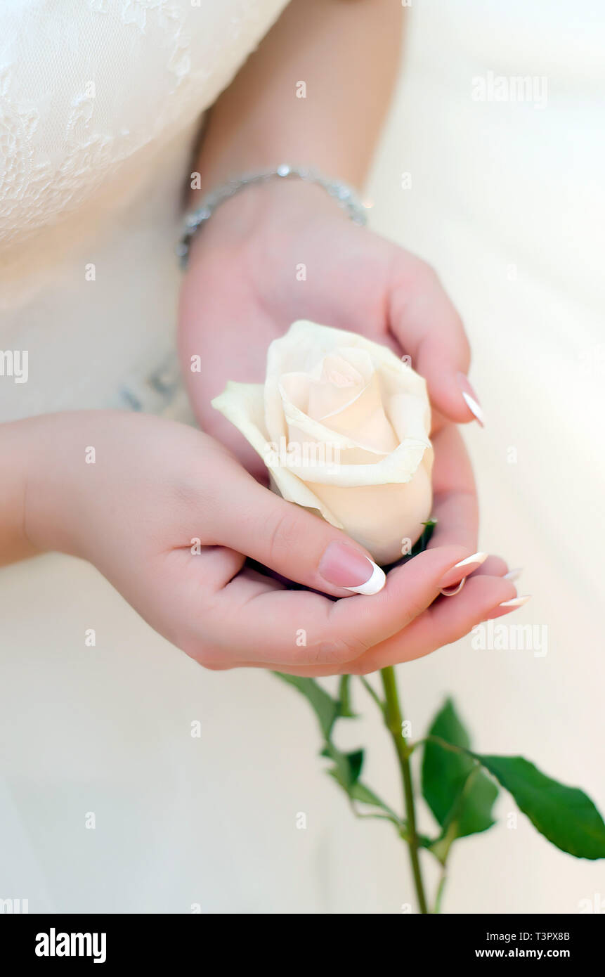 Delicate flower in the hands of young girl dressed white dress Stock Photo