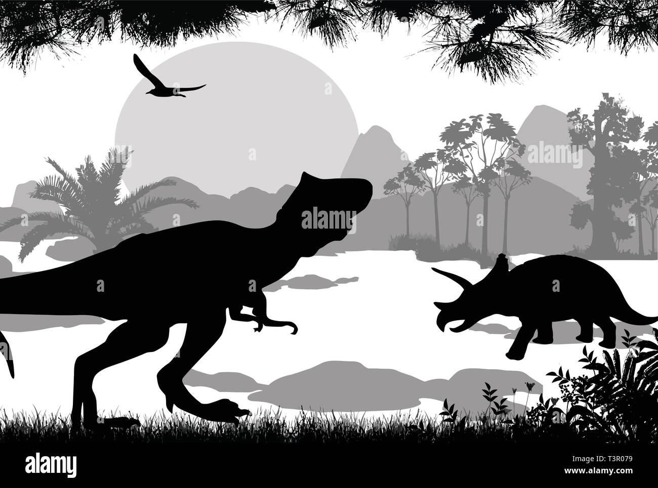Dinosaurs silhouettes in beautiful landscape, vector illustration Stock Vector