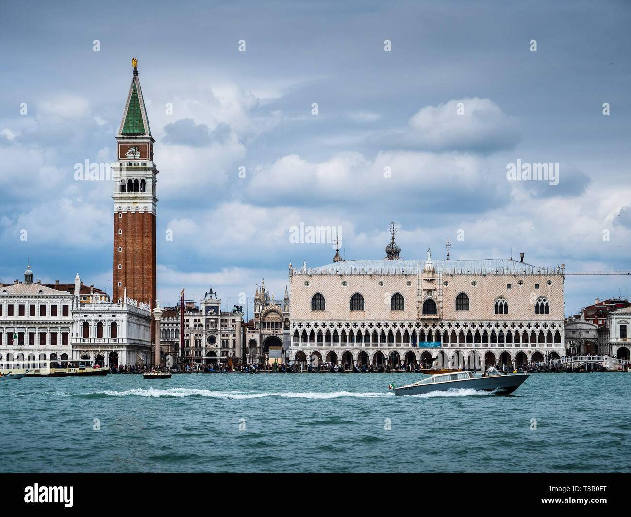 Venice - Entrance to St Marks Square, St Mark's Campanile and the Doge's Palace from the Grand Canal Stock Photo