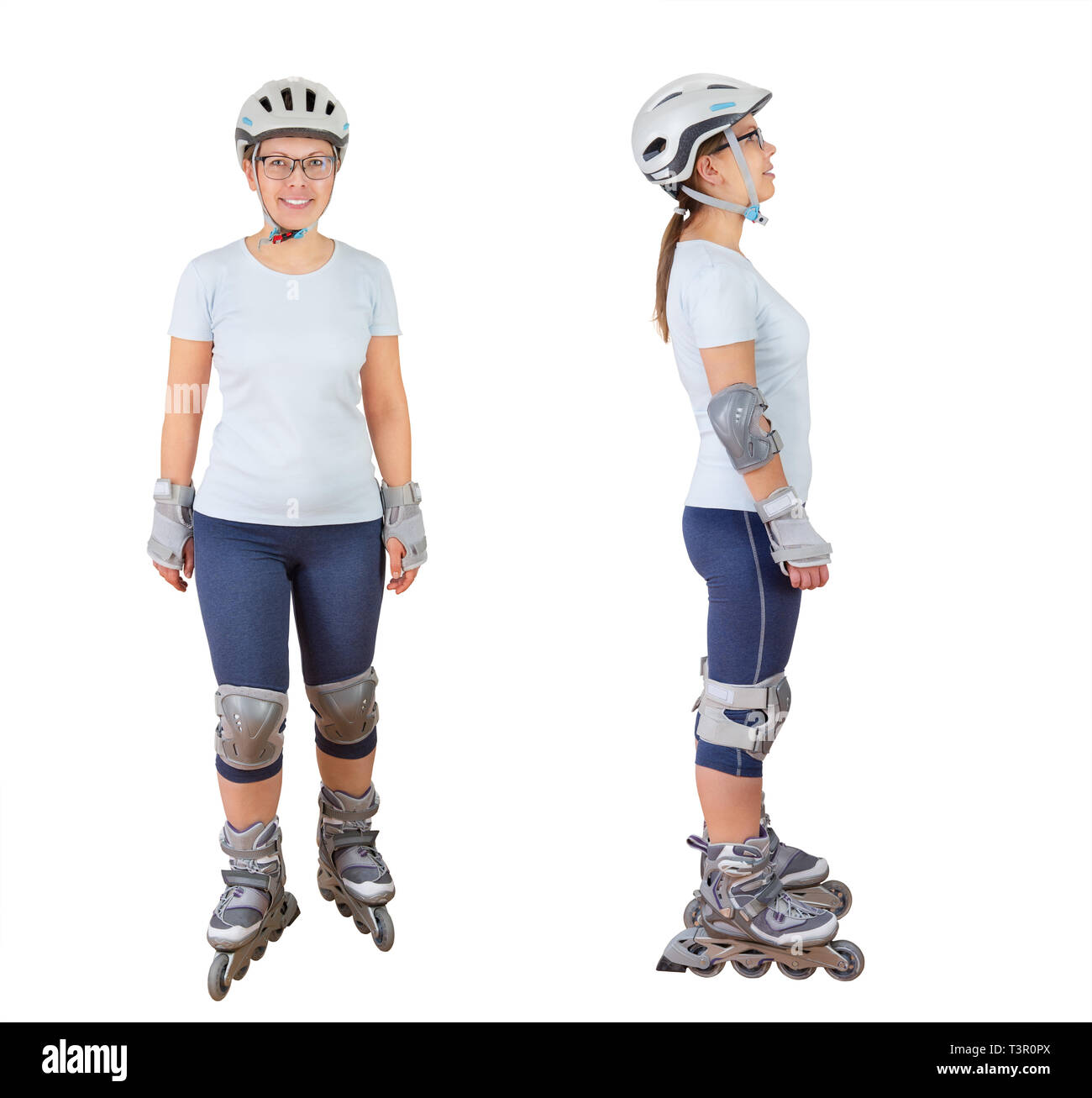 woman roller skating with protective sportwear Stock Photo