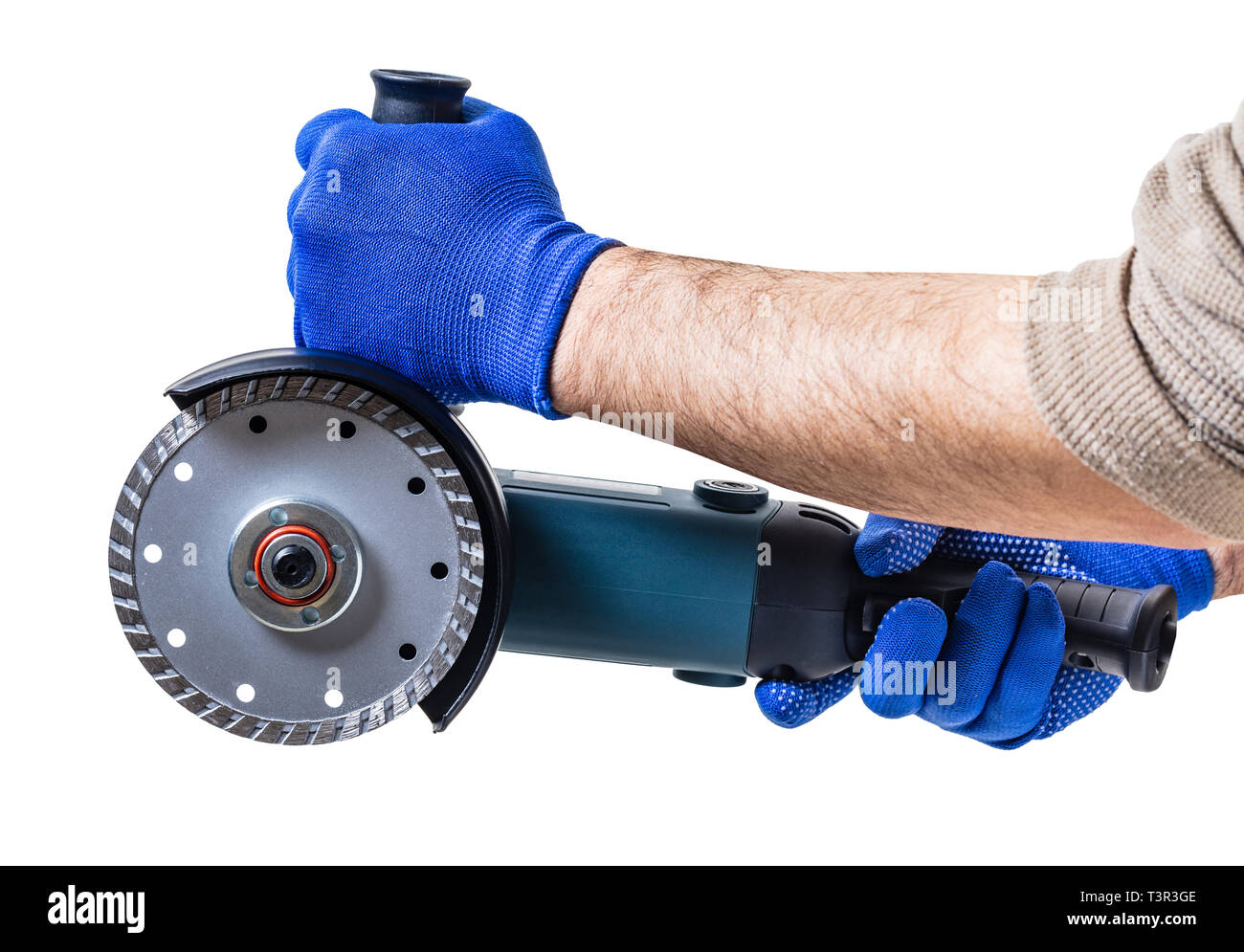 construction tool, power saw in male hand on white isolated background Stock Photo