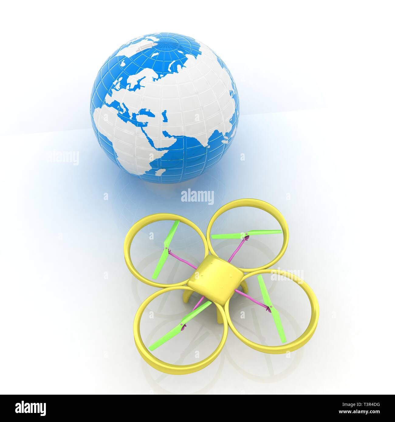 Quadrocopter Drone with Earth Globe and remote controller on a white ...