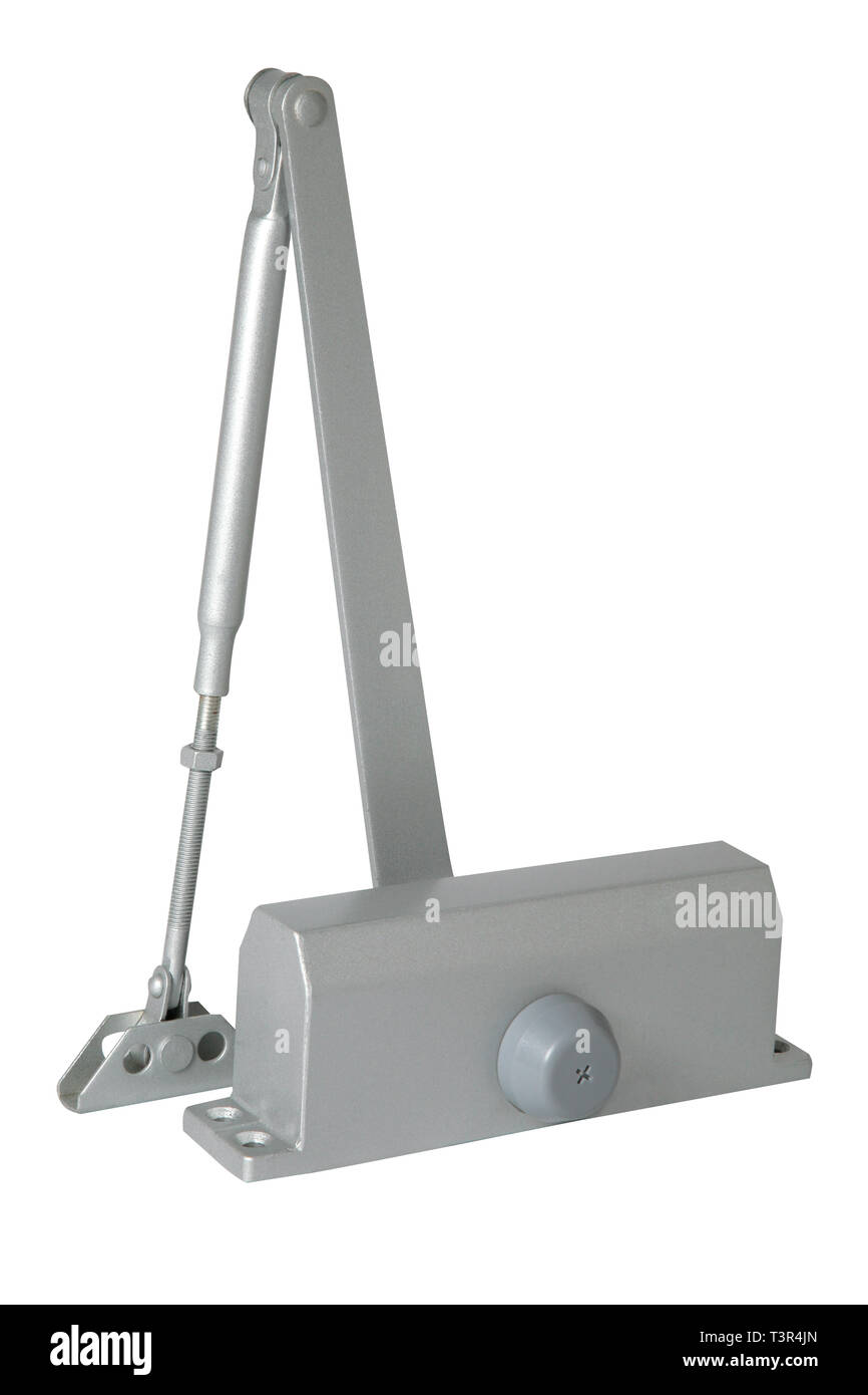 Automatic hydraulic leaver hinge door closer holder. Isolated on white background Stock Photo