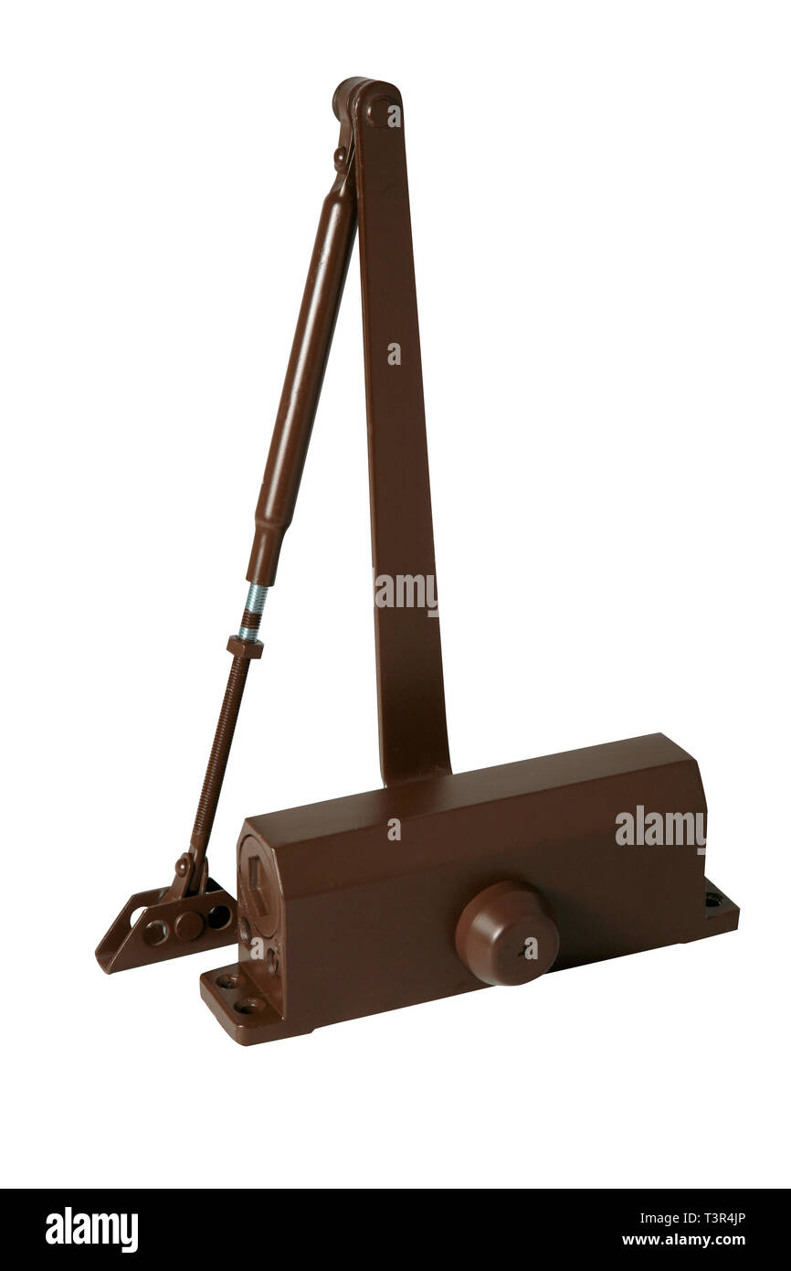 Automatic hydraulic leaver hinge door closer holder. Isolated on white background Stock Photo
