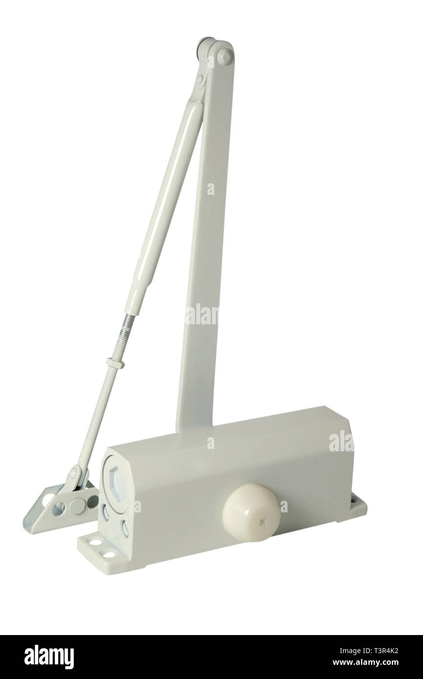 Automatic hydraulic leaver hinge door closer holder. Isolated on white background Stock Photo