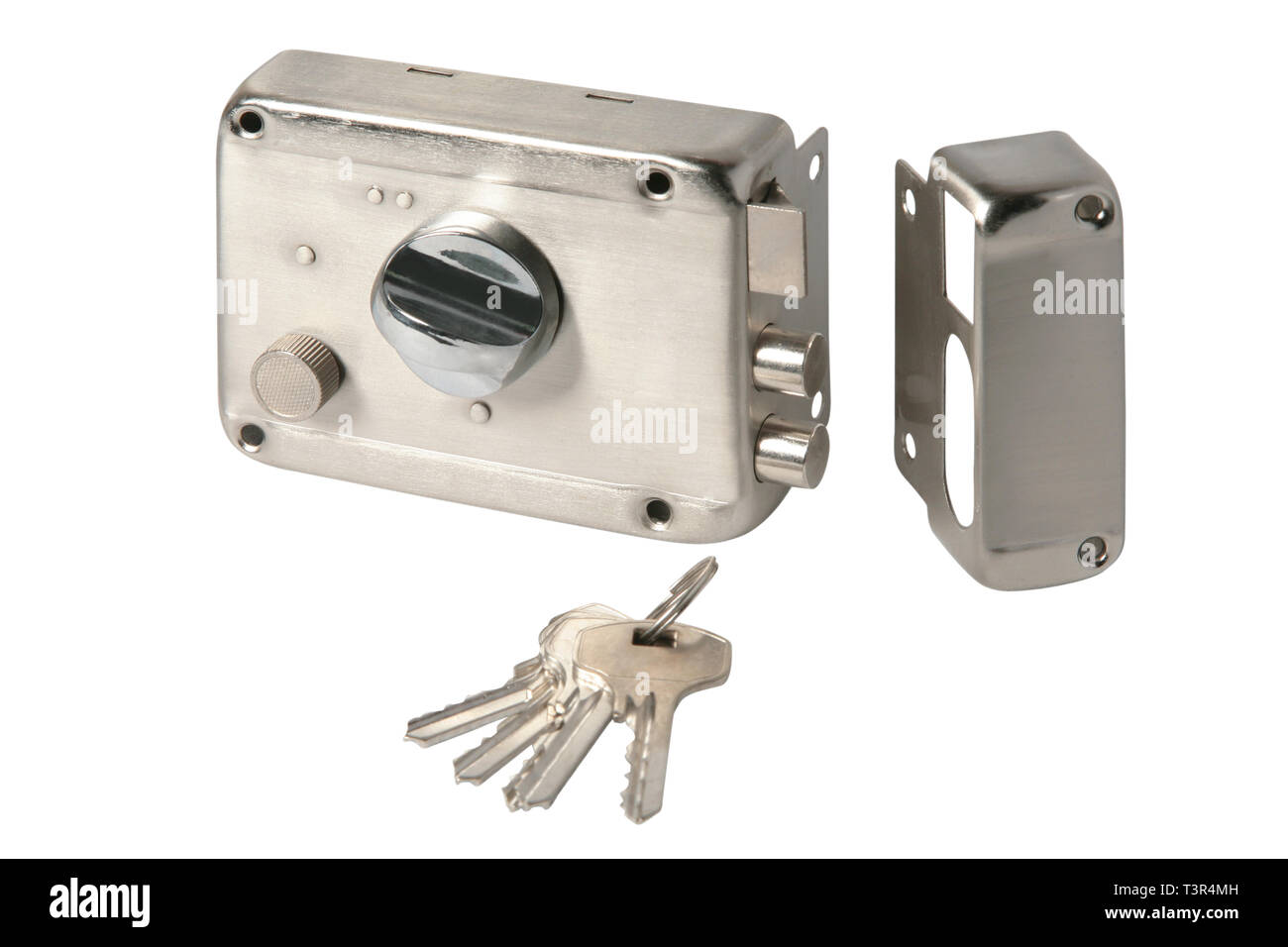 Stainless door lock with keys isolated on a white background Stock ...
