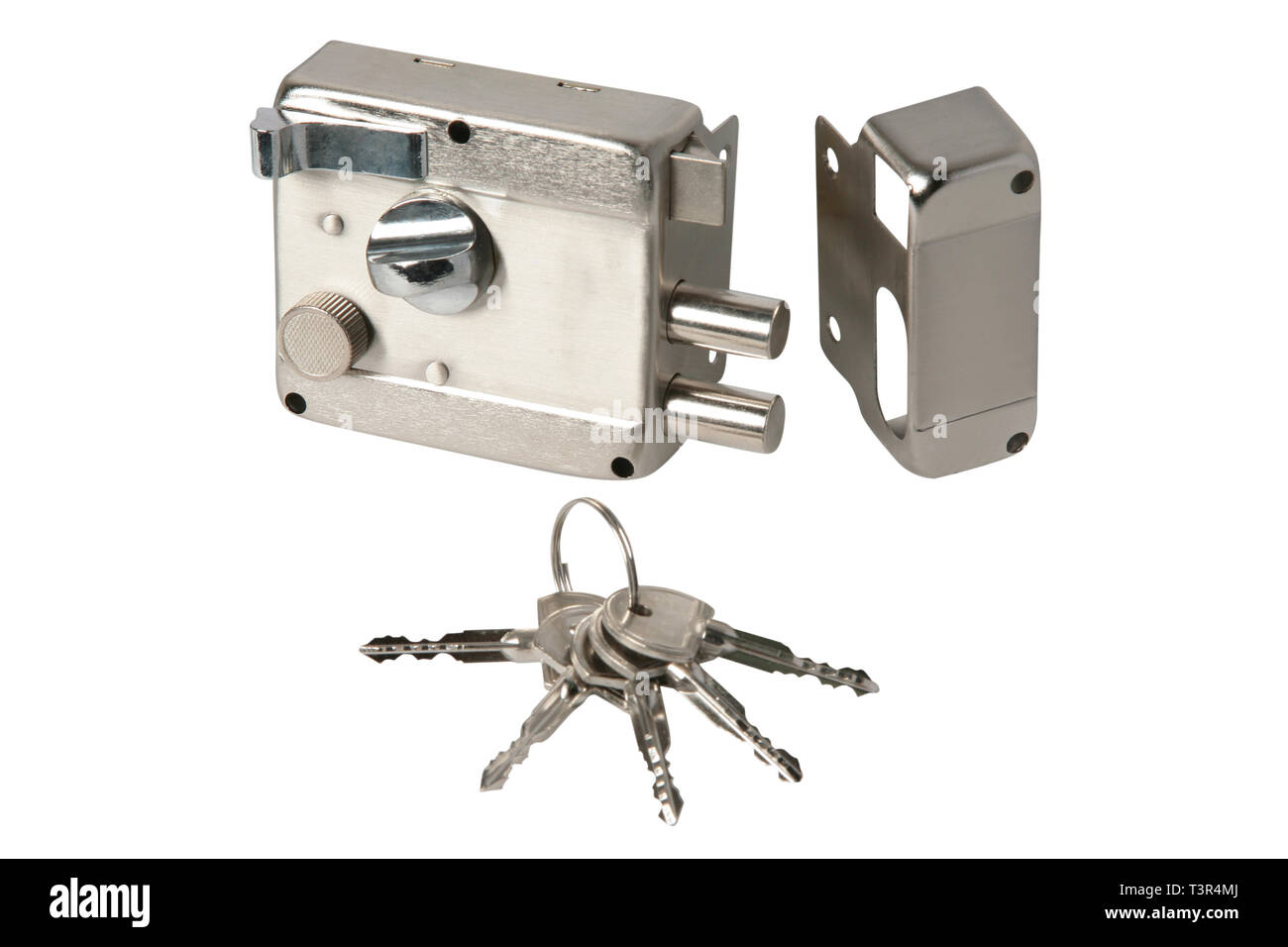 Stainless door lock with keys isolated on a white background Stock ...