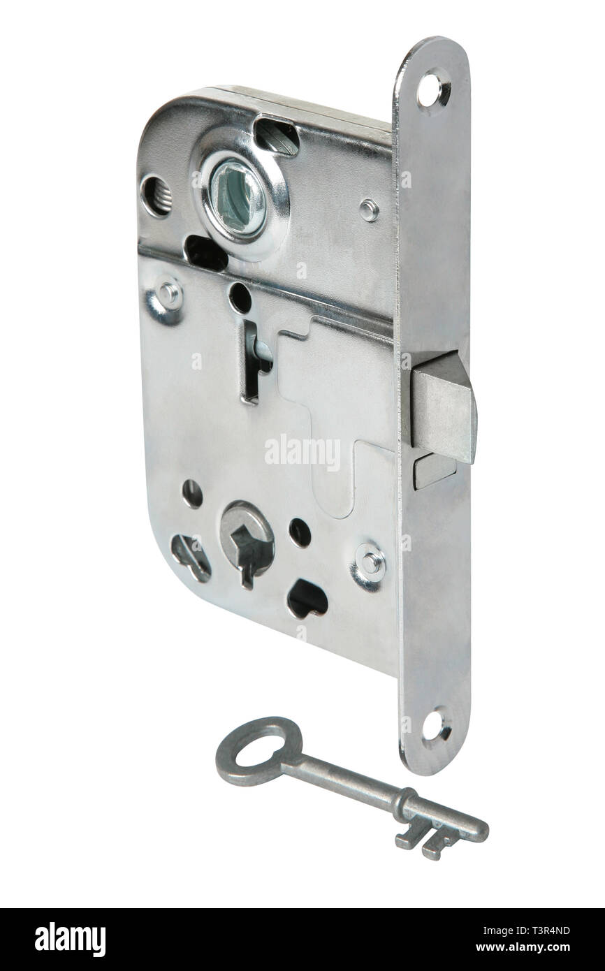 Stainless door lock with key isolated on a white background Stock Photo ...