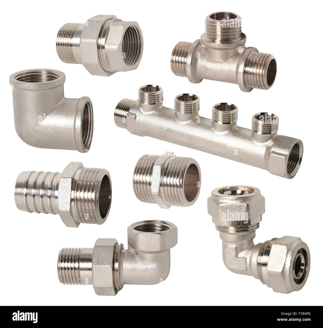 Set of pipe fittings connection for industry. Assorted Plumbing fixtures and piping parts Stock Photo