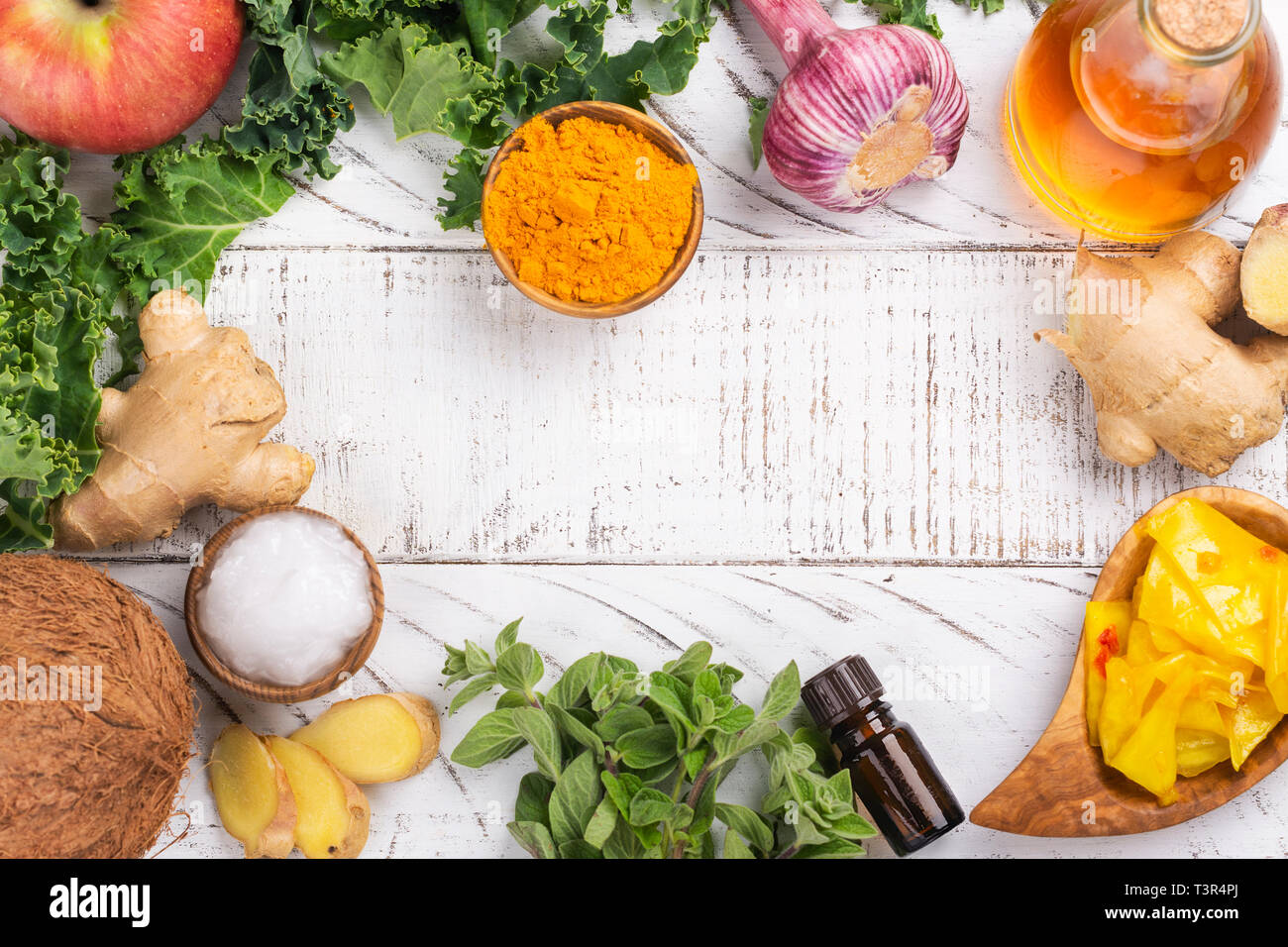 Candida diet food. Assortment of food that fights candida. Copy space Stock Photo Alamy