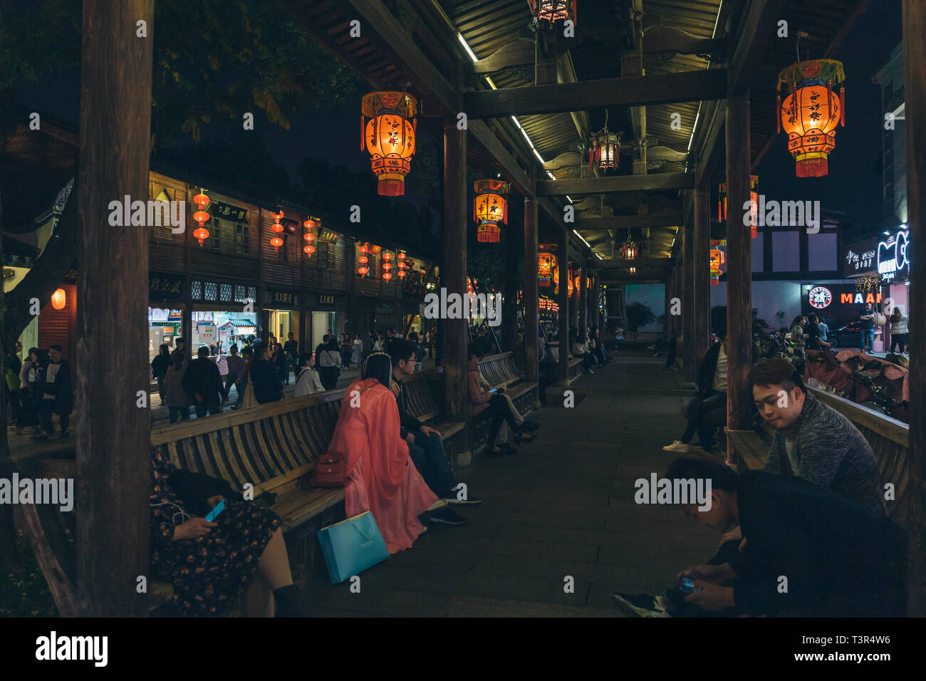 Sanfang Qixiang (Three Lanes and Seven Alleys), Fuzhou, China - 05 April 2019: People visiting the famous travel destination and walking on the Street Stock Photo
