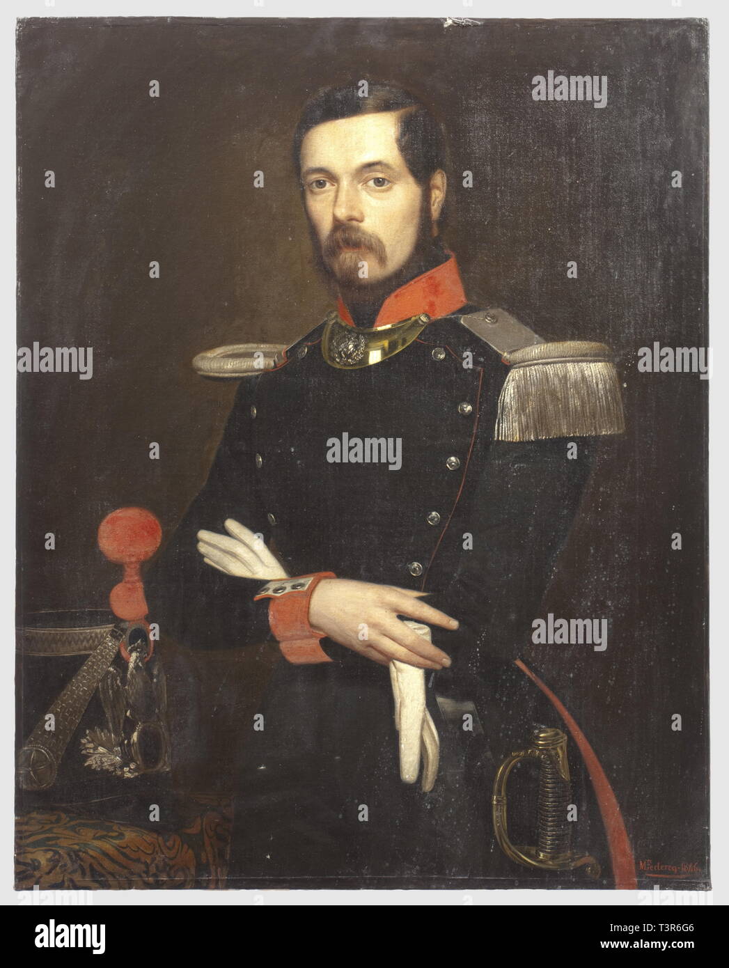 PREMIERE ET SECONDE RESTAURATION 1815-1848, Huile sur toile, signée M te Leclercq 1846, Grand portrait d'un officier subalterne d'infanterie de la garde Nationale sous le règne du Roi Louis-Philipe. L'officier porte l'habit à fond de drap bleu foncé, collet, parements, doublure de basques et passepoils écarlates, pattes de parements blanches, passepoilées d'écarlate, épaulette, contre-épaulette et boutons plats argentés, hausse-col en cuivre doré et attributs au coq argentés. L'homme porte son sabre réglementaire d'officier d'infanterie, il tient son , Artist's Copyright has not to be cleared Stock Photo