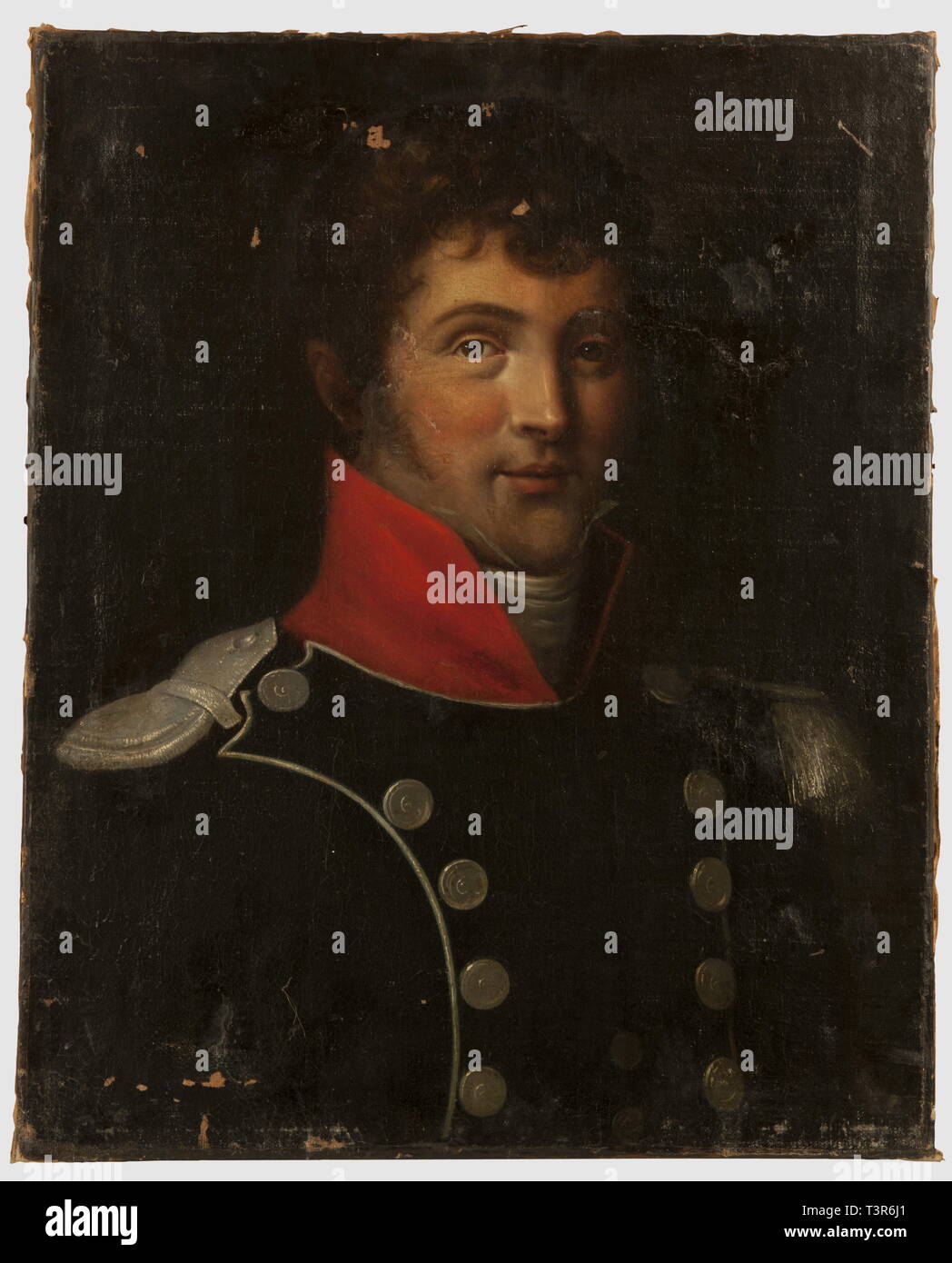 DIRECTOIRE-CONSULAT-EMPIRE 1795-1814, Représentation d'un capitaine du 6ème régiment d'infanterie légère, milieu du 1er Empire. Huile sur toile. L'officier porte l'habit à fond de drap bleu foncé, revers passepoilés de blanc, le collet écarlate peut indiquer un officier de carabiniers, l'habit possède des revers très échancrés situés bien avant le nouveau règlement de 1812, boutons plats argentés, épaulette, contre-épaulette et attentes en fil d'argent. Hauteur 62 cm, largeur 49 cm. Ensemble en état moyen, petit manques en haut et en bas de la toile, Artist's Copyright has not to be cleared Stock Photo