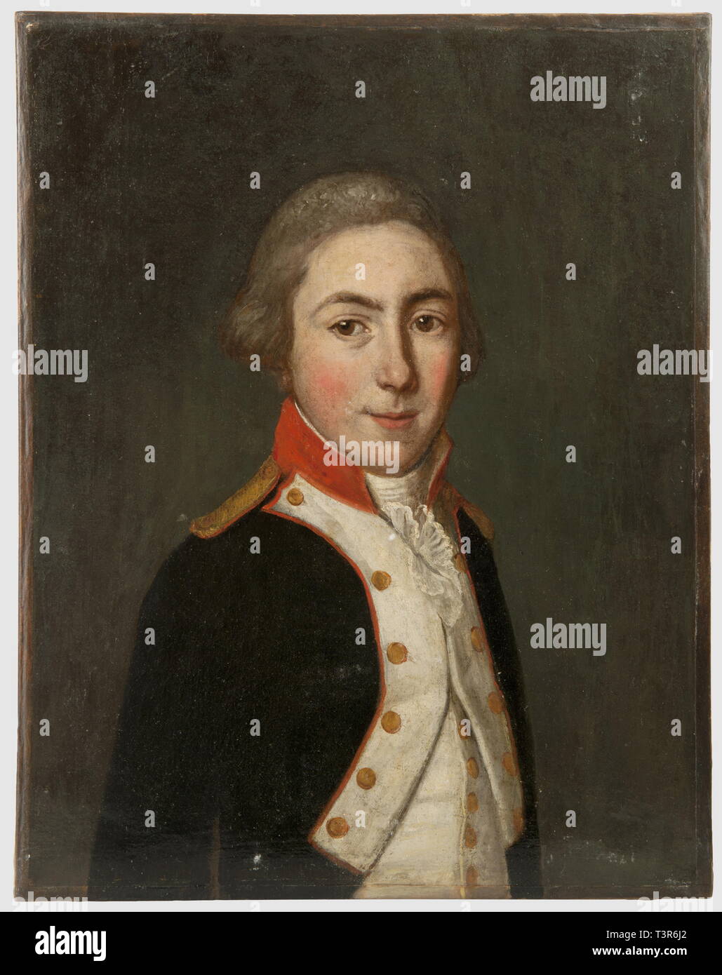 REVOLUTION, Représentation d'un jeune officier subalterne d'infanterie, vers 1791, Huile sur toile. Le jeune homme porte l'habit à fond de drap bleu foncé, col et passepoils écarlates, revers blanc, boutons plats dorés, épaulette et contre épaulette en fil d'or, gilet blanc uni, l'officier porte les cheveux poudrés. Il peut aussi s'agir d'un officier de la Garde Nationale mobilisée. Hauteur 46 cm, largeur 36 cm. Ensemble en bon état, présenté sans cadre, Artist's Copyright has not to be cleared Stock Photo