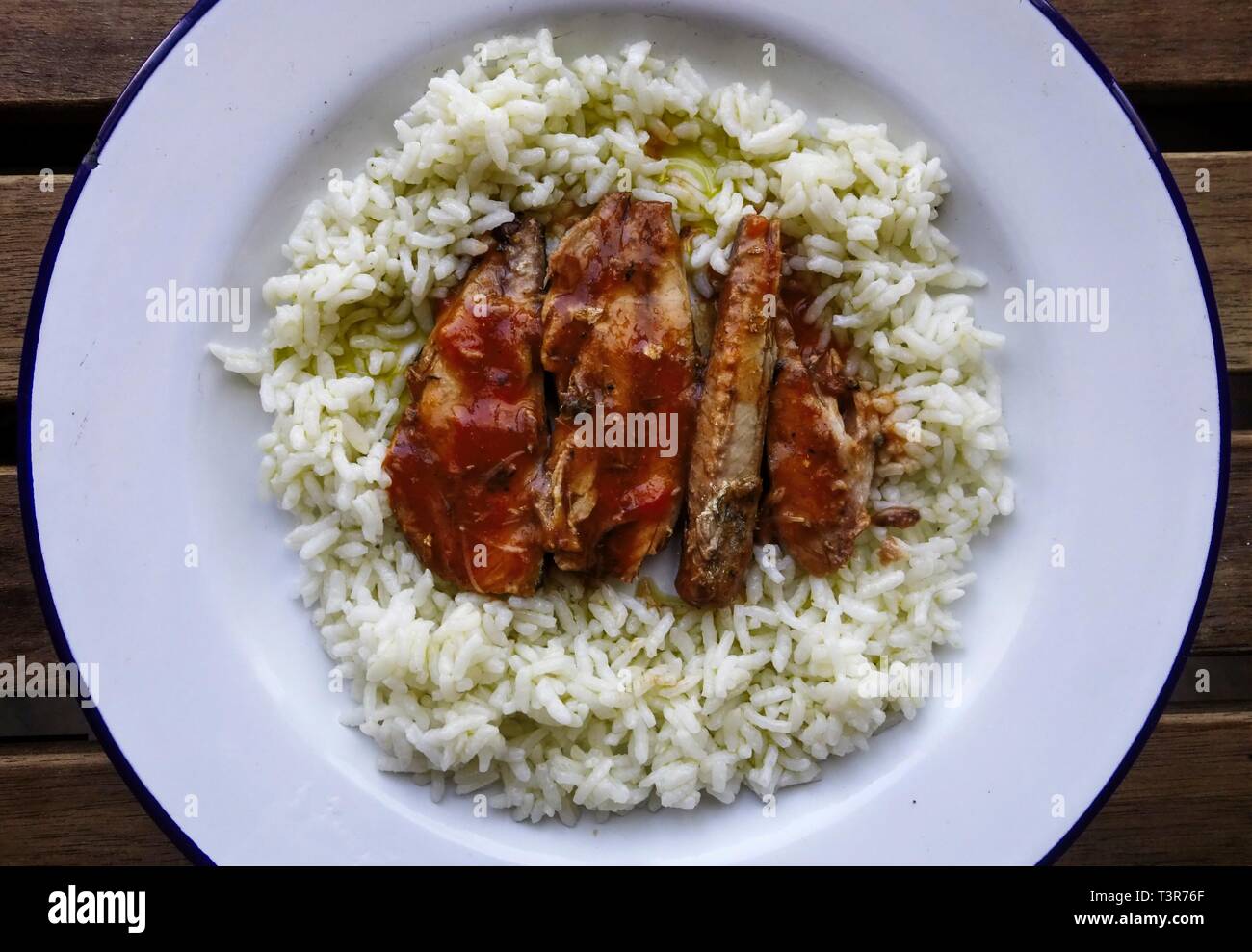 Mackerel in Tomato Sauce with White Rice Stock Photo Alamy
