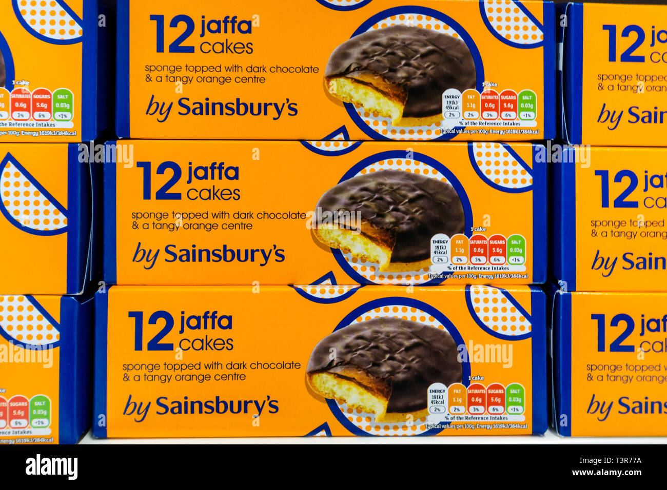 Boxes of Sainsbury's Jaffa Cakes for sale in a supermarket. Stock Photo
