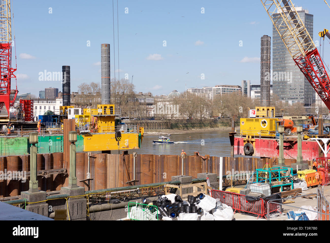 Construction work on the River Thames in London Stock Photo