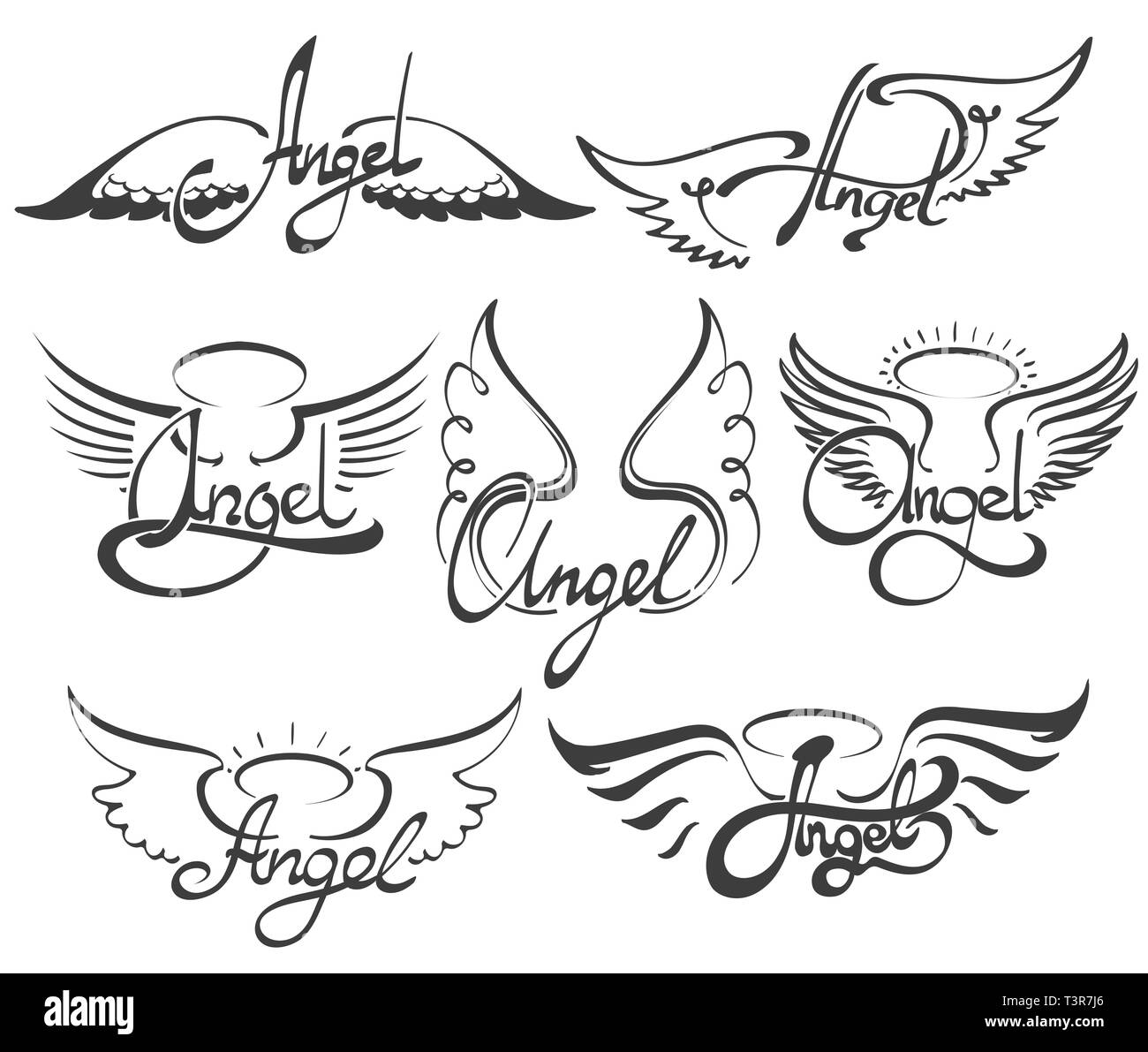 Angel wings icon sketch set. Seven Hand drawn lettering Angel with wings and Nimbus. Vector illustration. Stock Vector