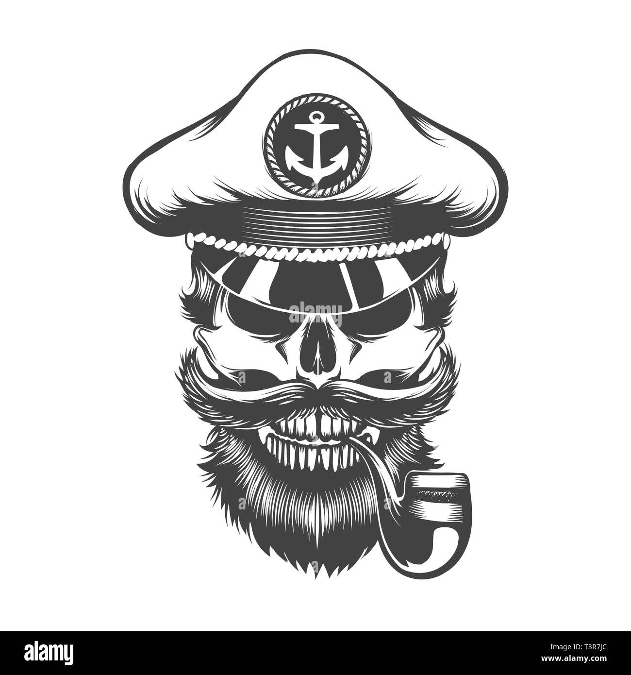 Human Skull in Captain Hat with with beard mustache and Smoking Pipe. Vector illustration. Stock Vector