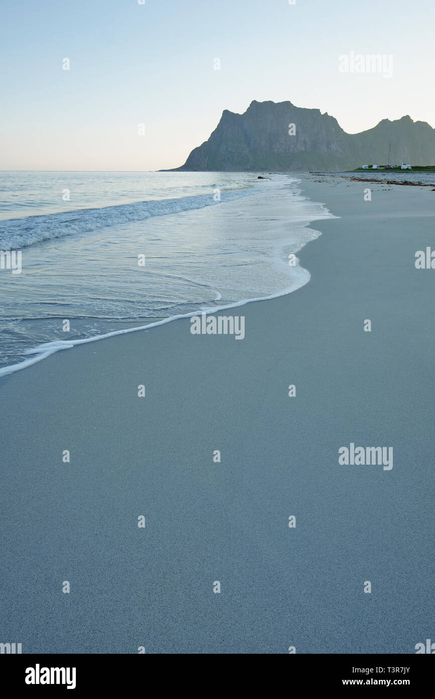 The empty sandy Uttakleiv Beach – Vestvågøy Lofoten Islands, Nordland Norway Stock Photo