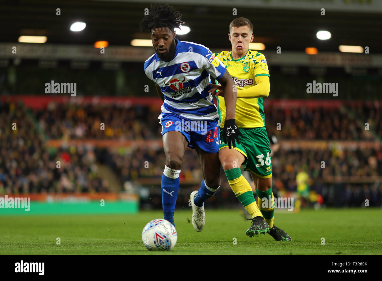 Tyler Blackett of Reading and Todd Cantwell of Norwich City - Norwich City v Reading, Sky Bet Championship, Carrow Road, Norwich - 10th April 2019  Ed Stock Photo