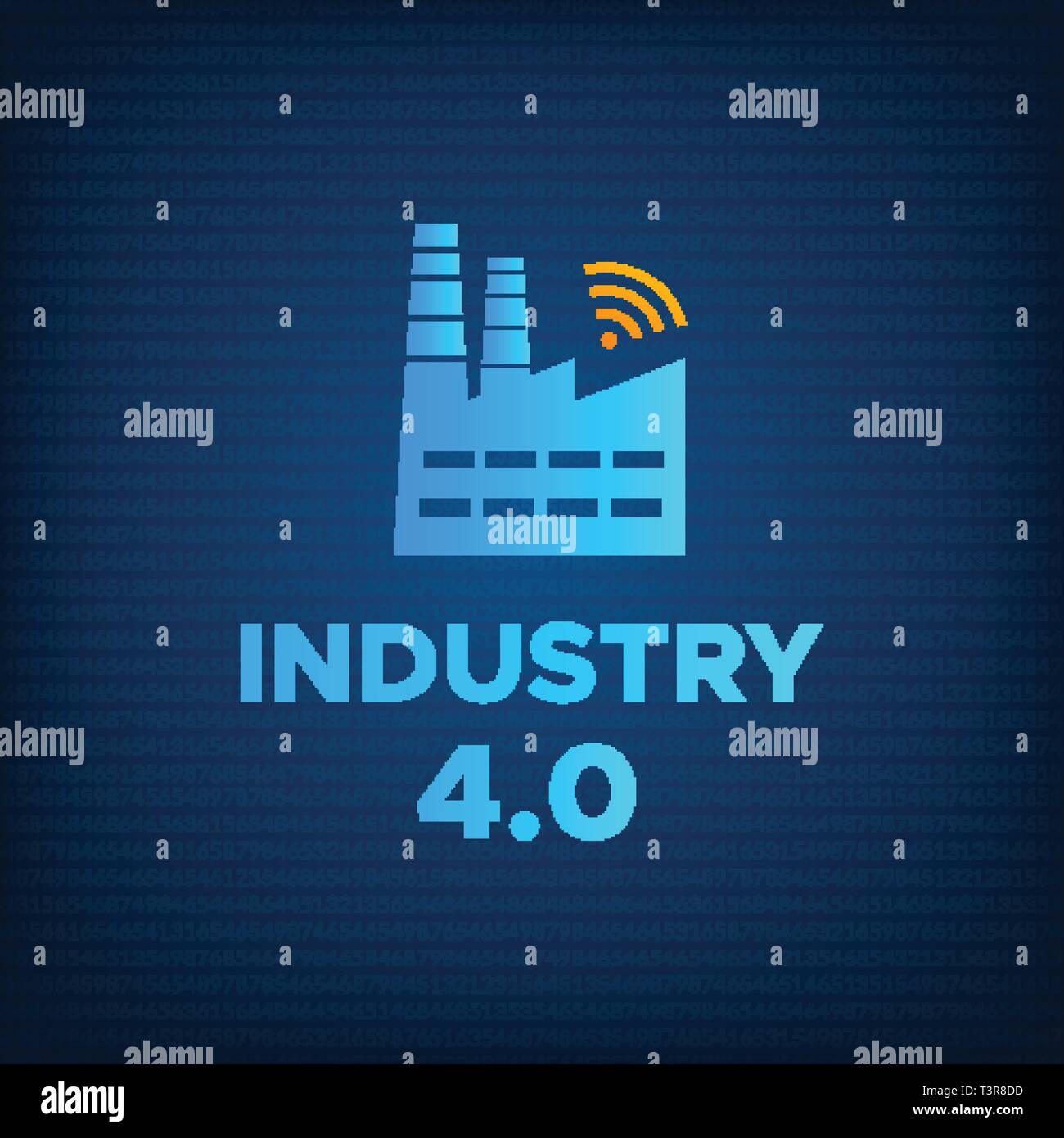 Manufacturing industry 4.0 revolution concept vector illustration. Blue factory icon with wireless symbol and sign INDUSTRY 4.0 Smart technology and technology background revolution business concept. Stock Vector