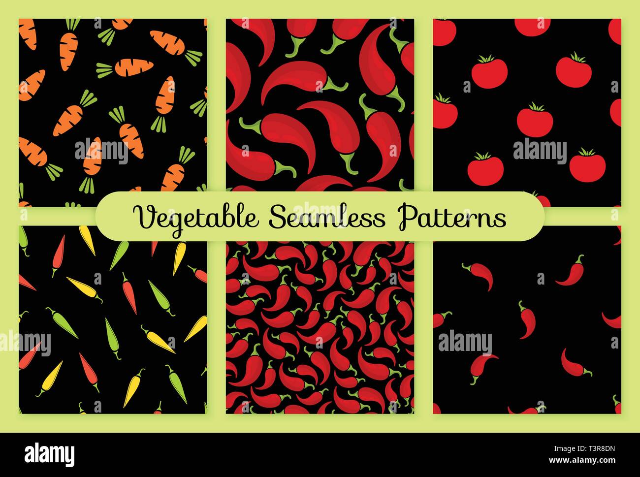 Seamless pattern vegetable background set vector flat illustration. Fresh food background in black and red colors with chilli vegetable seamless element for healthy diet decor or vintage wallpaper Stock Vector
