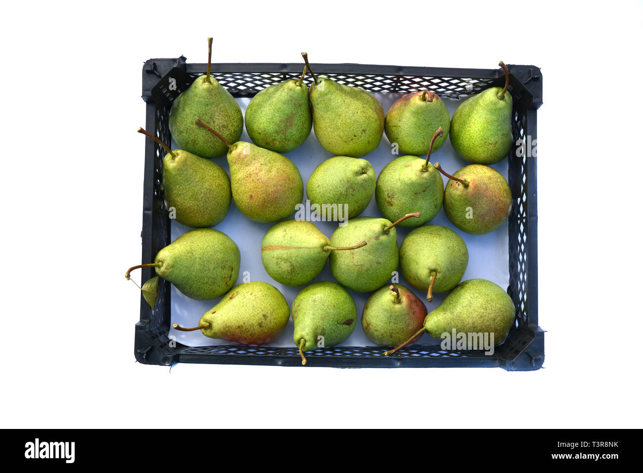 ripe organic pears harvest in a plastic box isolated on white Stock Photo