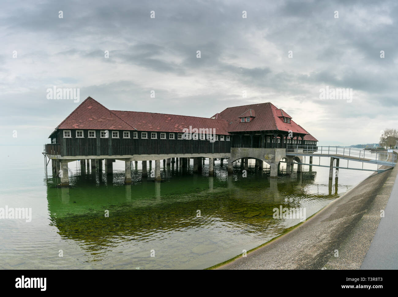historic wooden building and bathhouse on Lake Constance in the town of