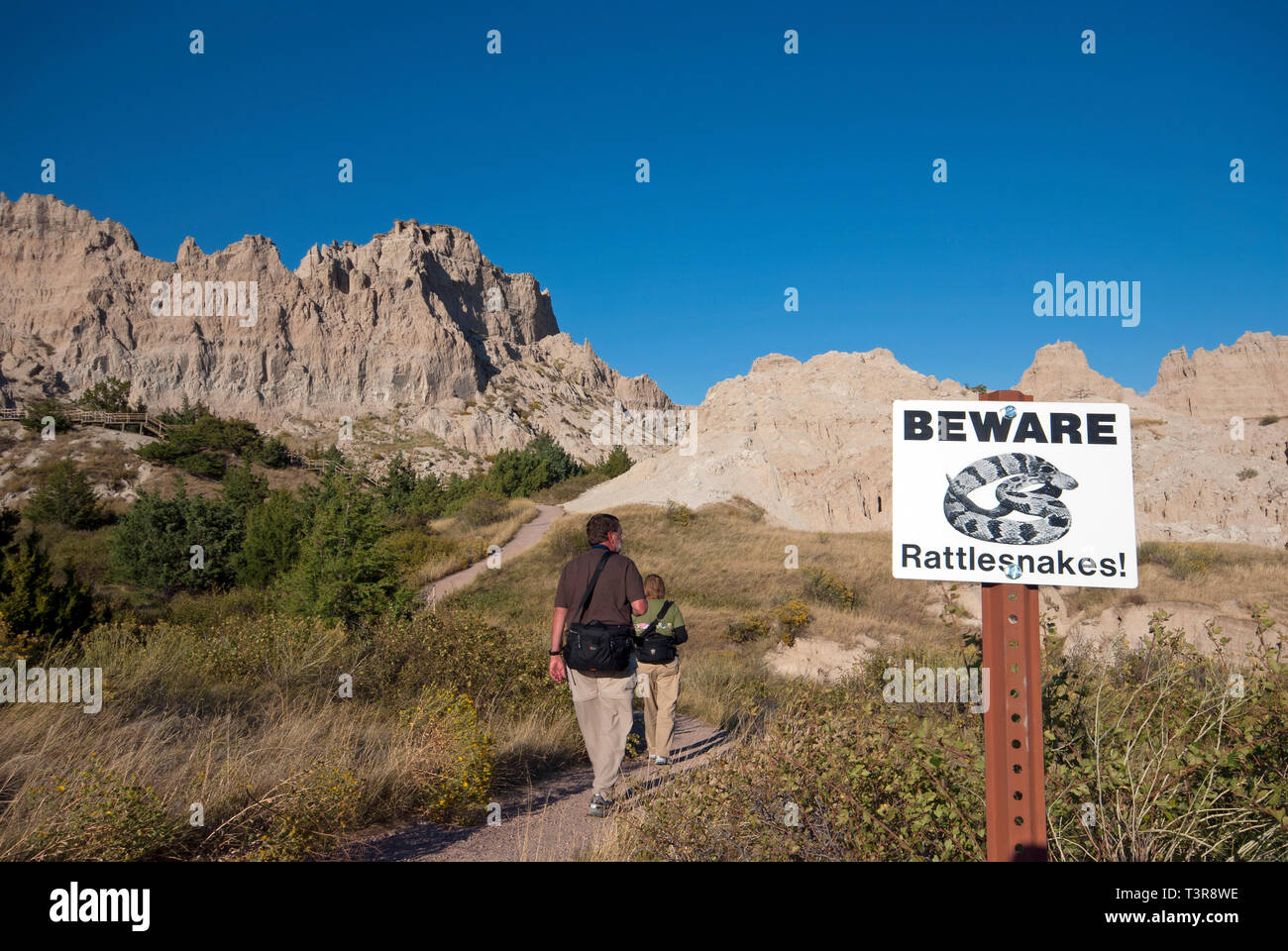 Beware rattlesnakes sign in Badlands National Park, South Dakota, USA Stock Photo