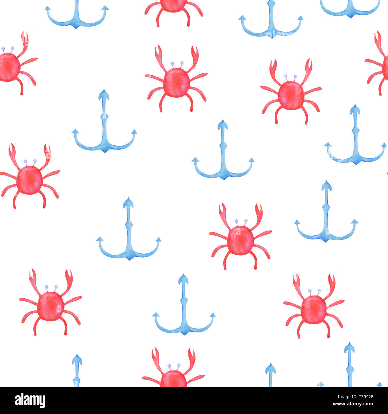 Watercolor pattern of crabs and anchor. Maritime specifics Stock Photo