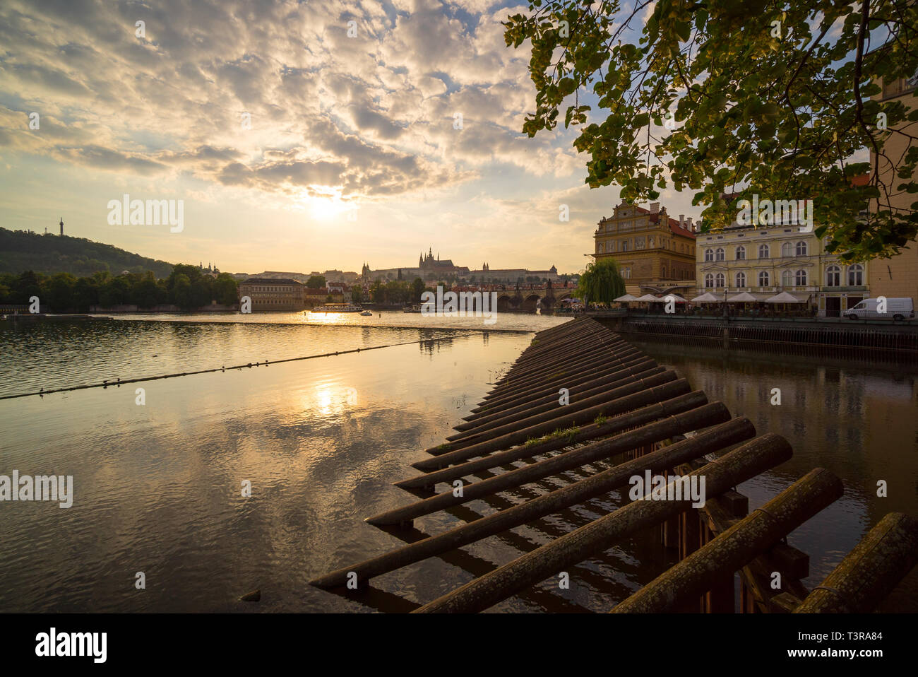 Prague landscape with Vltava river, famous Charles bridge and old town