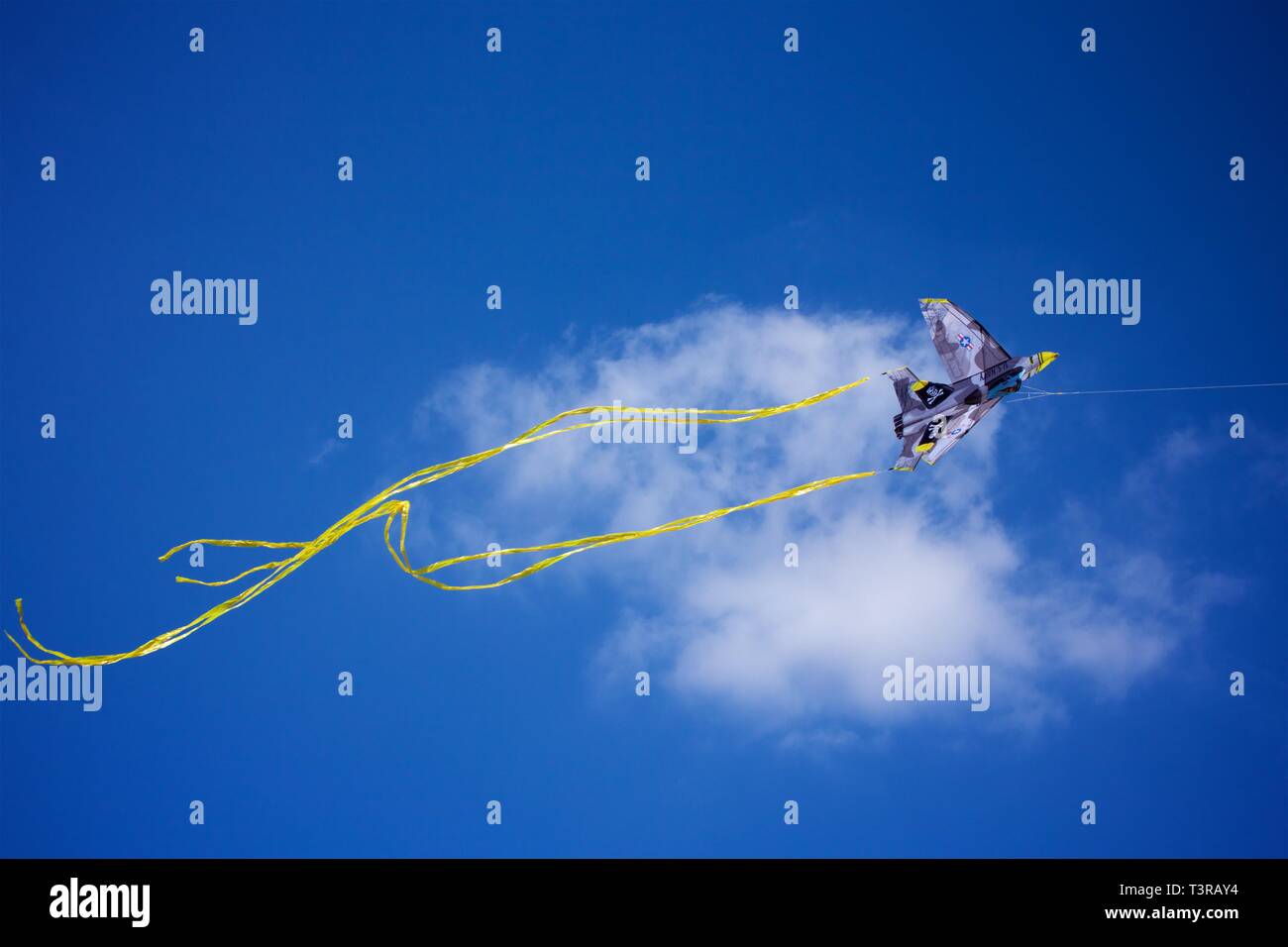 Philadelphia, PA, USA April 6, 2019 A rocket ship shaped kite flies