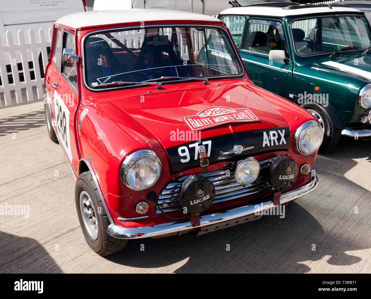 The oldest surviving BMC works Mini Cooper on display at the 2019 Silverstone Classic Media Day.  Part of the 50th anniversary celebrations of the Mini. Stock Photo
