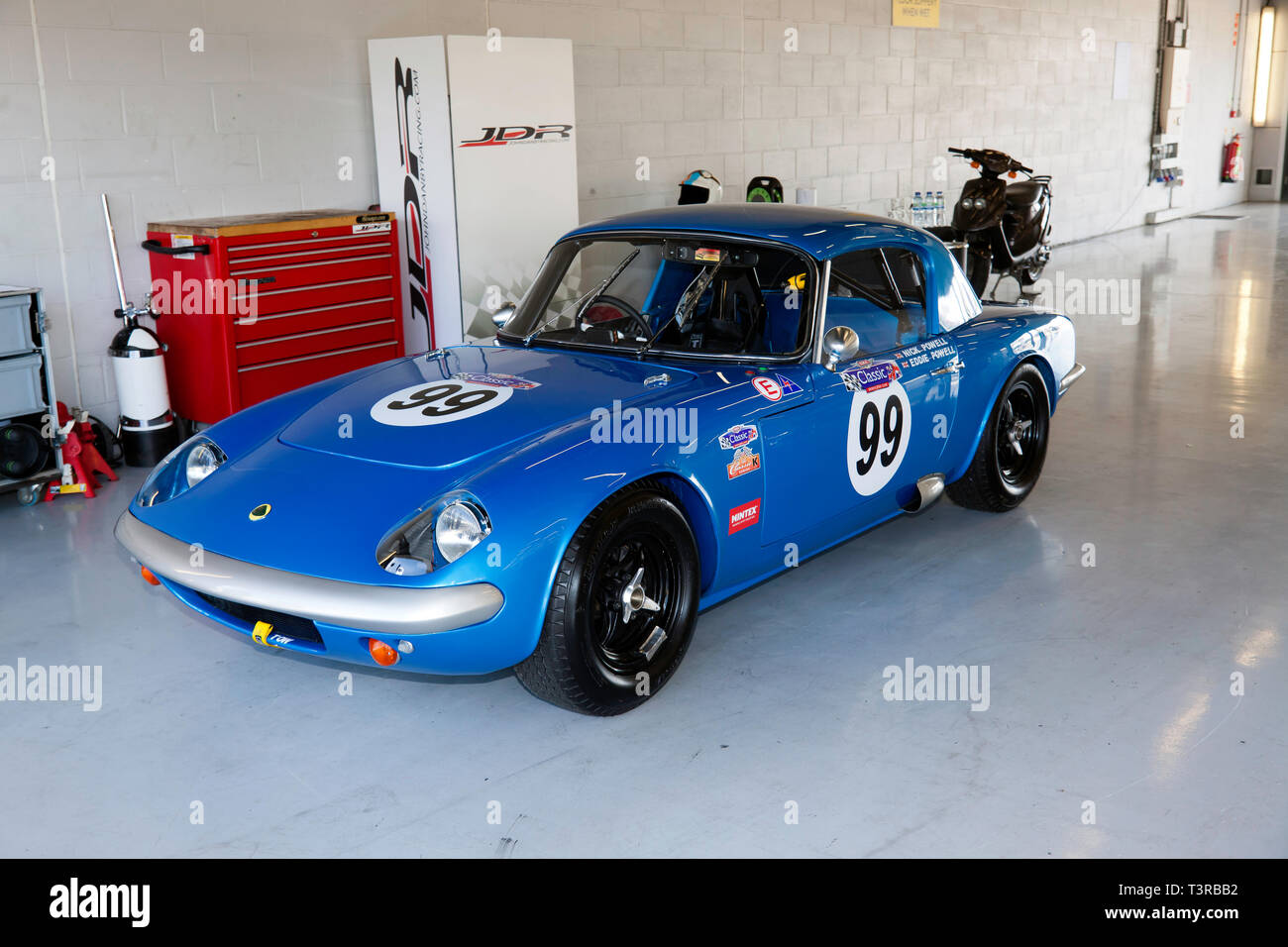 A stunning 1965 blue  Lotus Elan 26R,  in the International Pits, during the 2019 Silverstone Classic Media Day Stock Photo