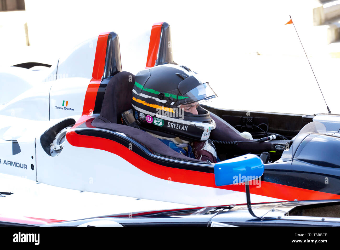 Tommy Dreelan sitting in the cockpit of his 2009, Oreca LMPC, at the 2019 Silverstone Classic Media Day Stock Photo