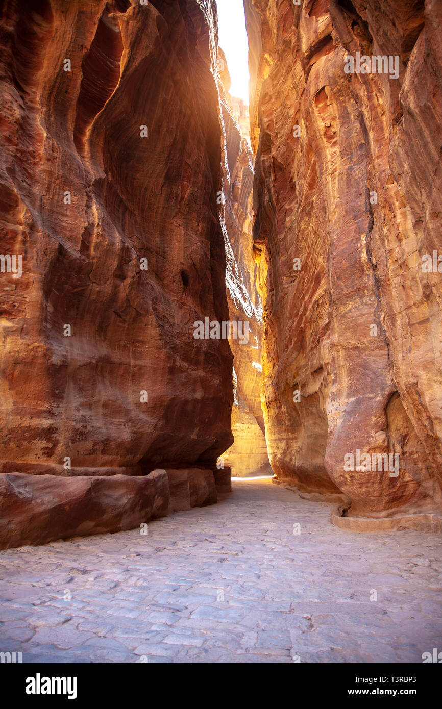 Suggestive route inside the sandstone canyons leading to the treasury of Petra, Jordan. Sunset light. Stock Photo