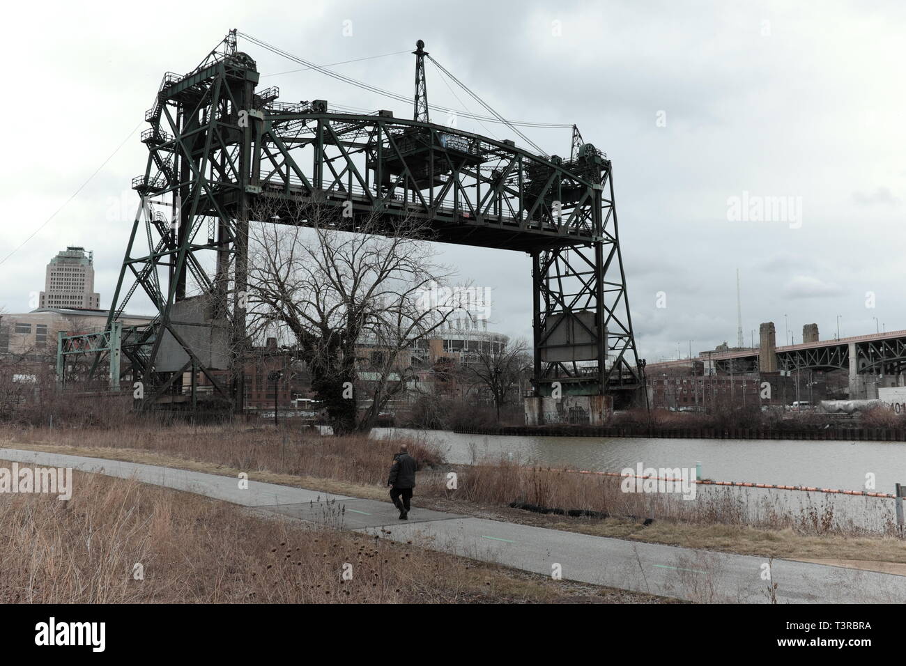 The Eagle Avenue bridge is the first vertical lift bridge in Cleveland