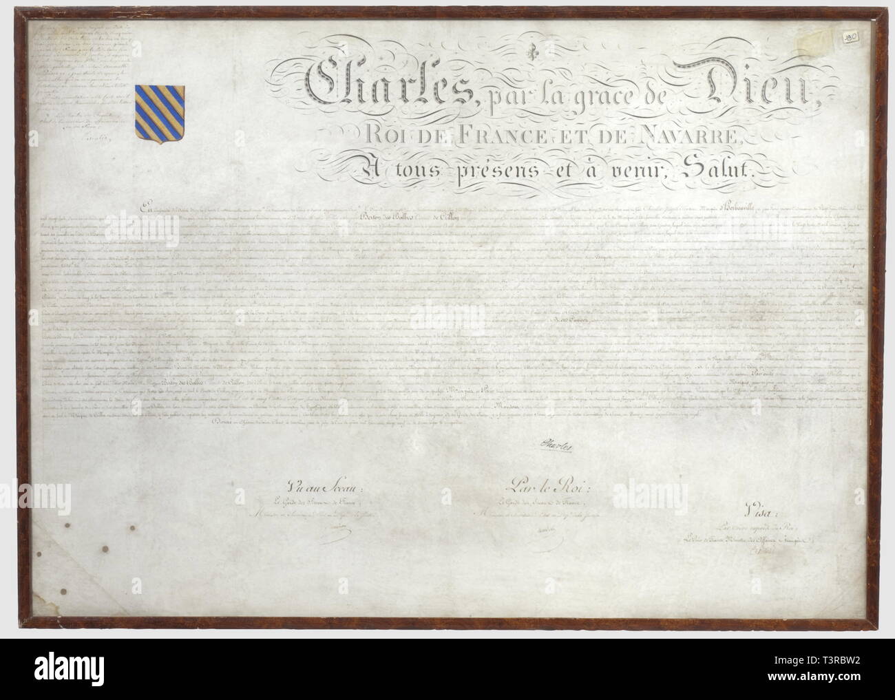 PREMIERE ET SECONDE RESTAURATION 1815-1848, Brevet d'autorisation de transmission de titre, Charles X. Document (sur parchemin) entièrement manuscrit donnant l'autorisation de transmission du titre de pair de France (appartenant au marquis d'Herbouville) en faveur de son gendre le comte de Crillon, fait à St Cloud le 30 juin 1829, blason aux armes de la famille Crillon peint sur la partie supérieure gauche du document, signature du Comte Portalis, ministre des affaires étrangères et signature autographe du Roi Charles X. Hauteur 49 cm, largeur 69, Additional-Rights-Clearance-Info-Not-Available Stock Photo