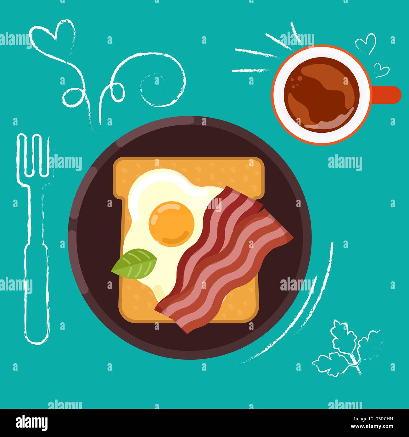 Set of breakfast food on bright background in flat design style. Doodle ...