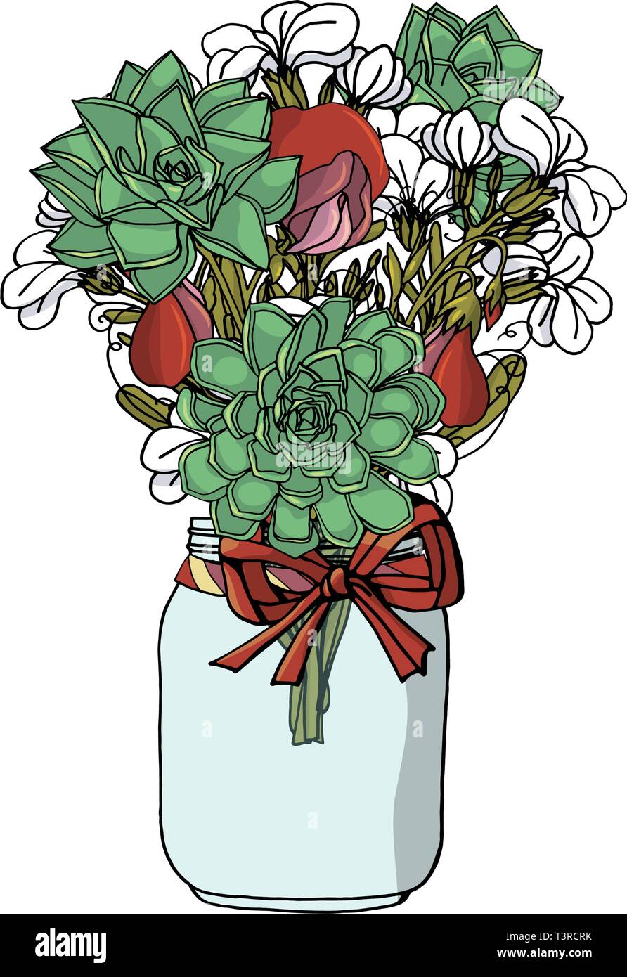 Hand drawn doodle style bouquets of different flowers: succulents; stock flower, sweet pea. Stock Vector