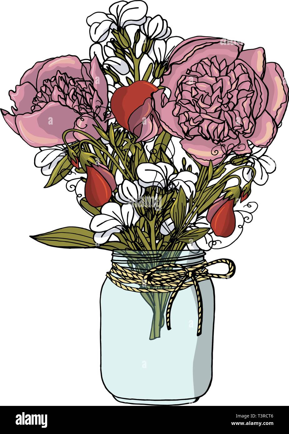 Hand drawn doodle style bouquets of different flowers: peony, stock flower,sweet pea. Stock Vector