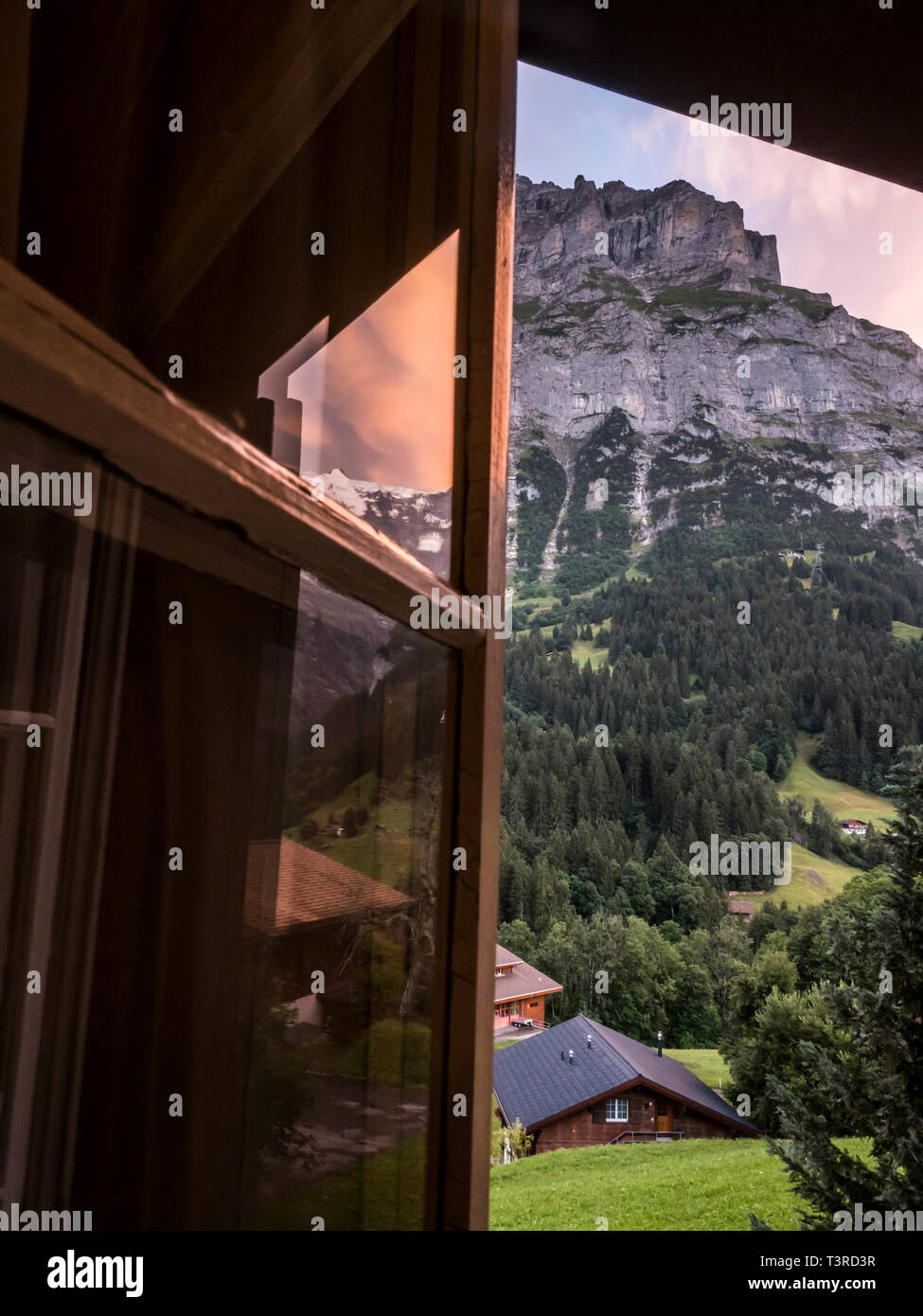 View from hotel room in Grindelwald,  Swiss Alps Stock Photo