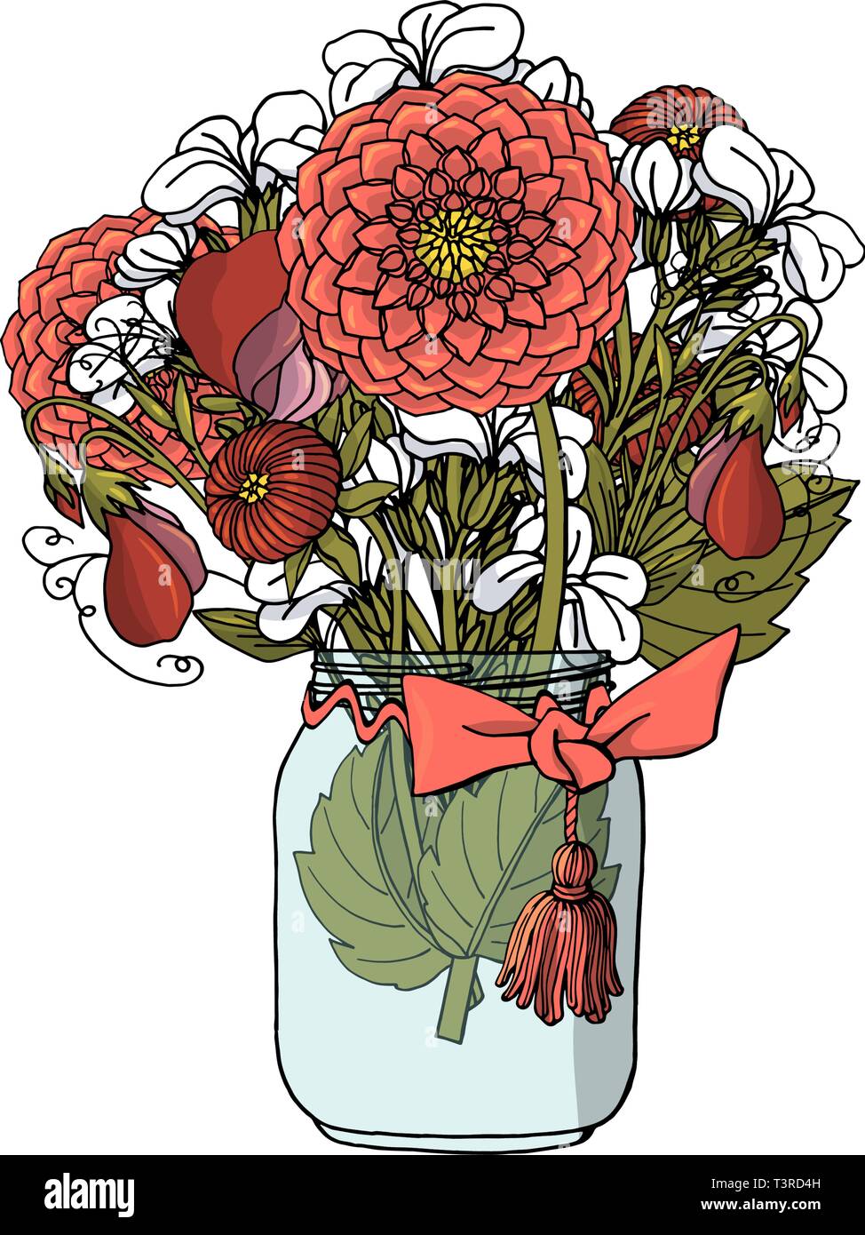 Hand drawn doodle style bouquets of different flowers: dahlia; stock flower, sweet pea. Stock Vector