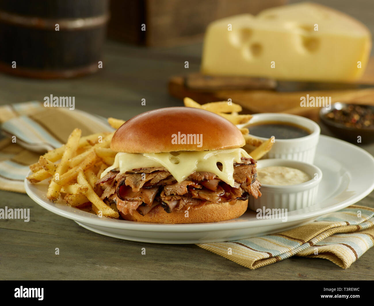 Prime rib steak sandwich with fries Stock Photo