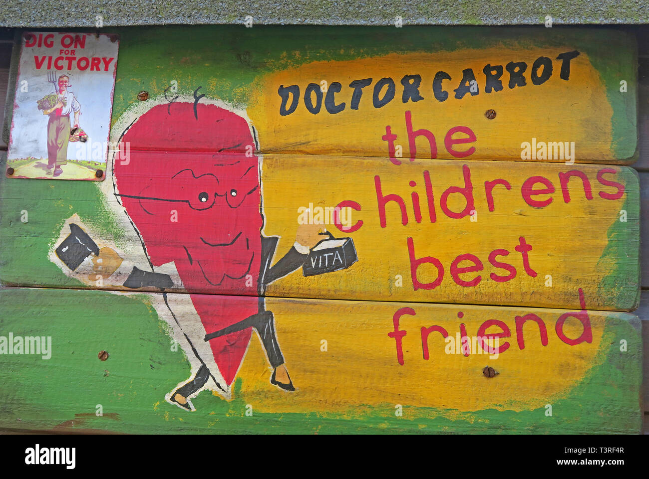 Dig On For Victory, Doctor Carrot, The Childrens Best Friend, Foods for healthy eating sign Stock Photo