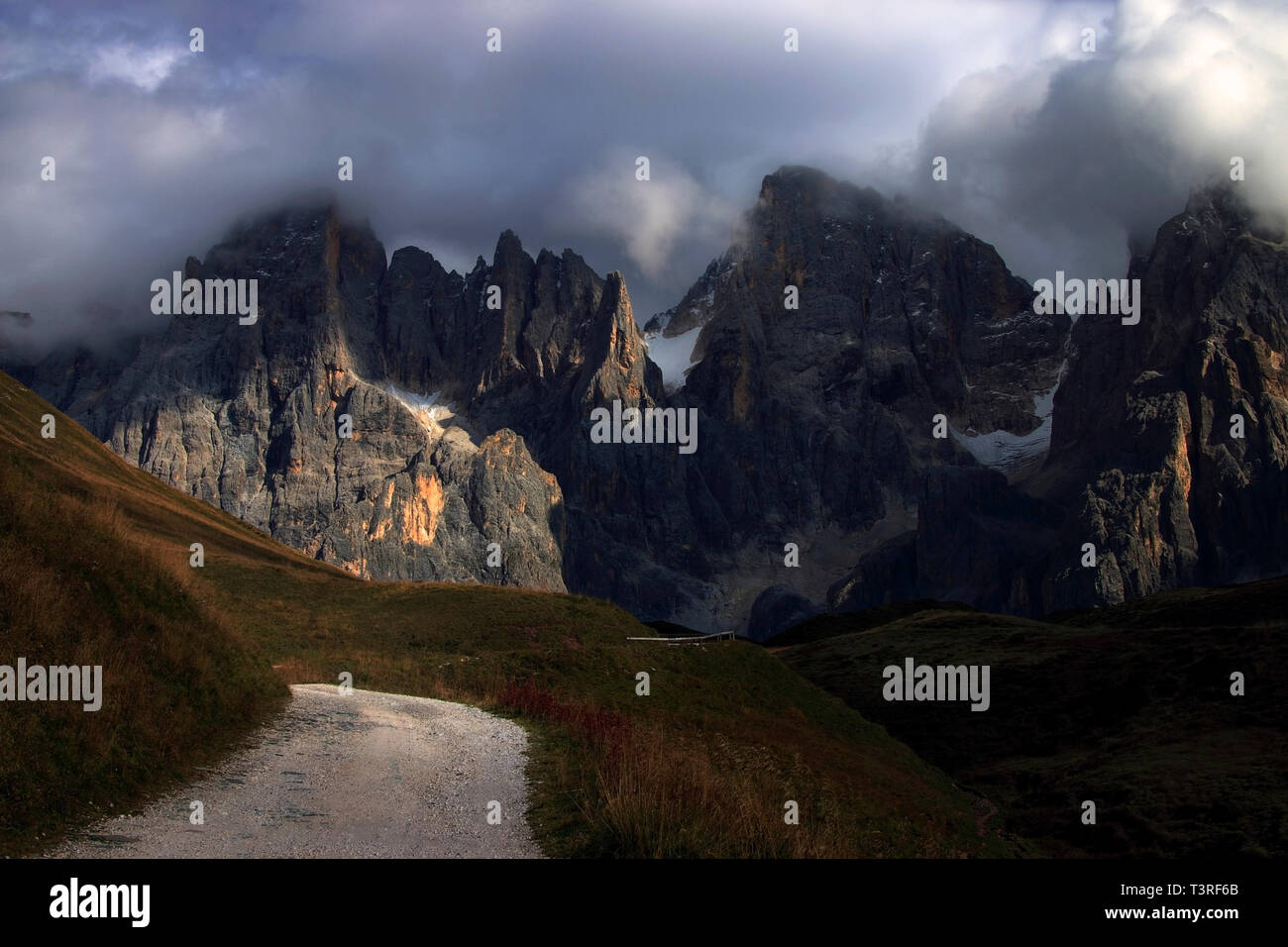 The whole range of the Pale di San Martino, one of the most famous and beautiful groups of the Dolomites, as seen from the military road (built during Stock Photo