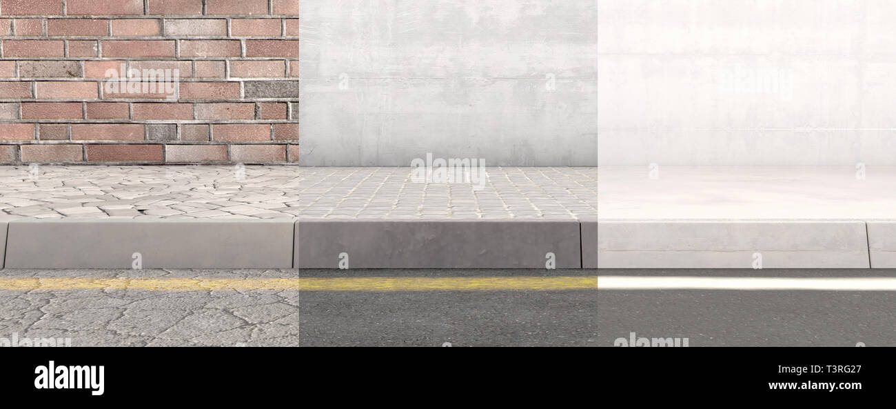 A concept view of a section of raised sidewalk street and wall rejuvenating over time from old to new - 3D render Stock Photo