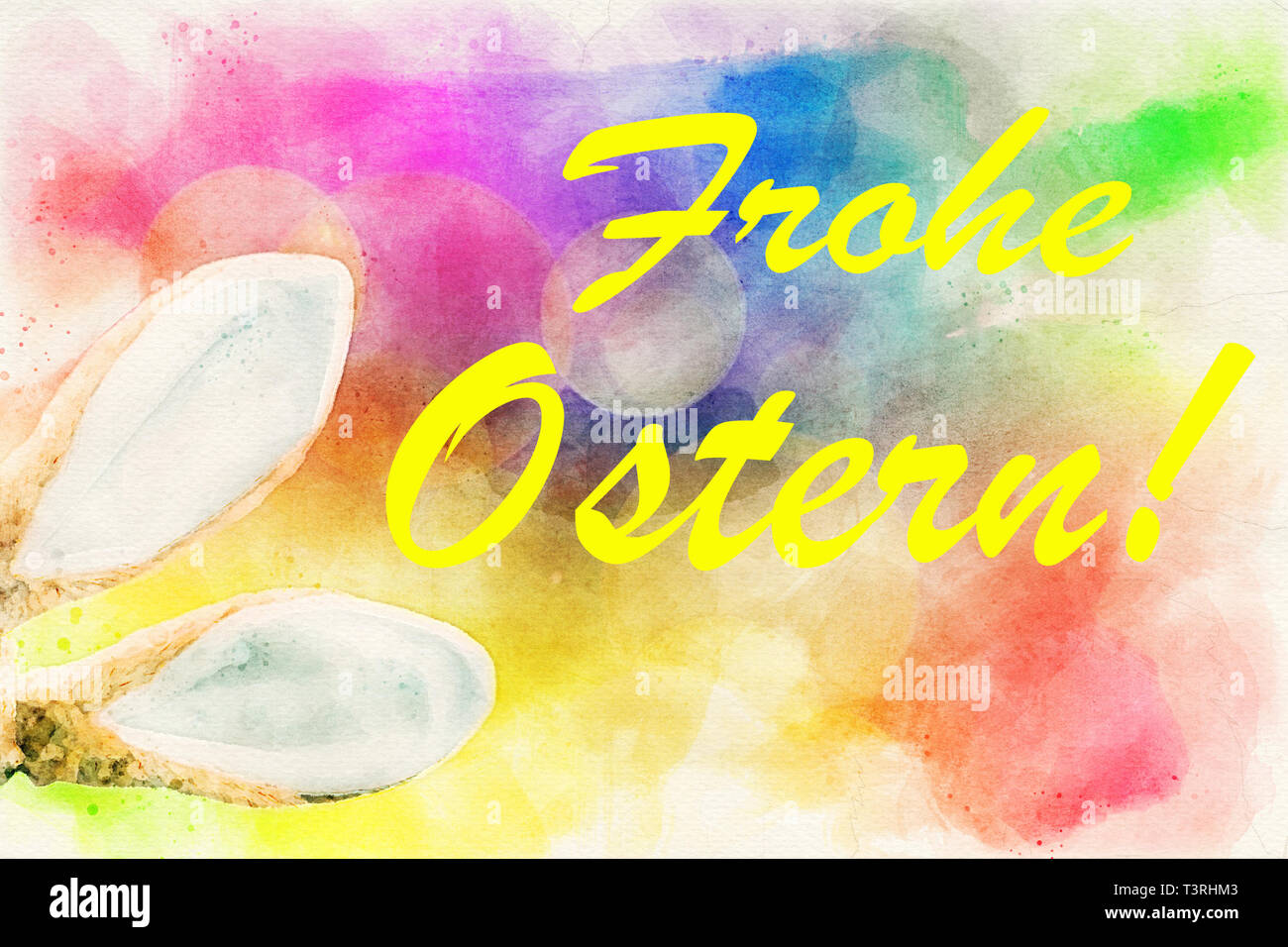 Easter Bunny Ears And German Words For Happy Easter In Watercolors