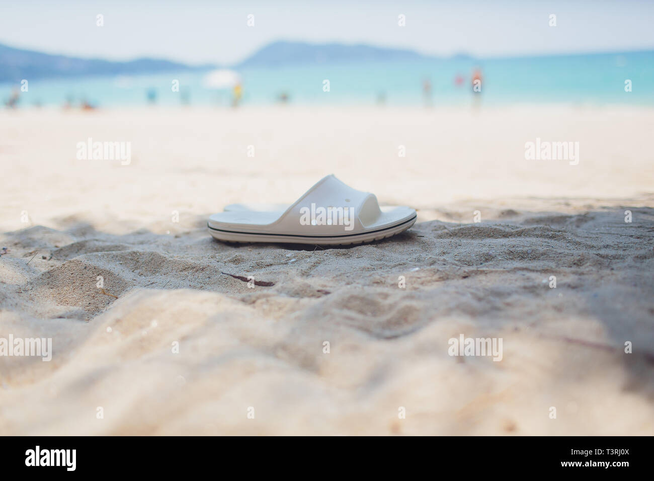 Summer vacation concept. Flip flops on a sandy ocean beach Stock Photo ...